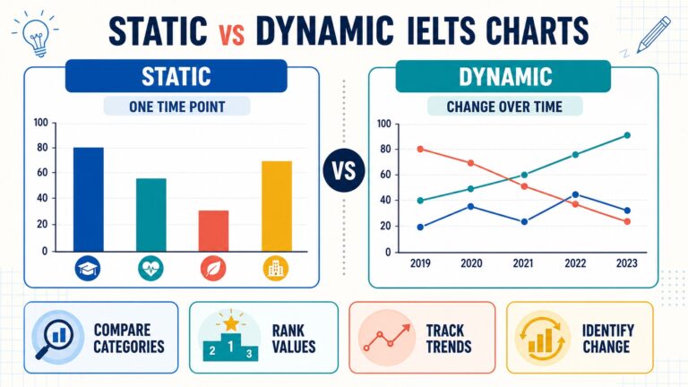 Static versus dynamic IELTS charts comparison showing category bars and trends over time