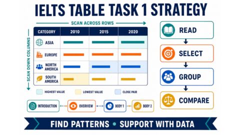 IELTS Table Task 1 read select group compare strategy diagram