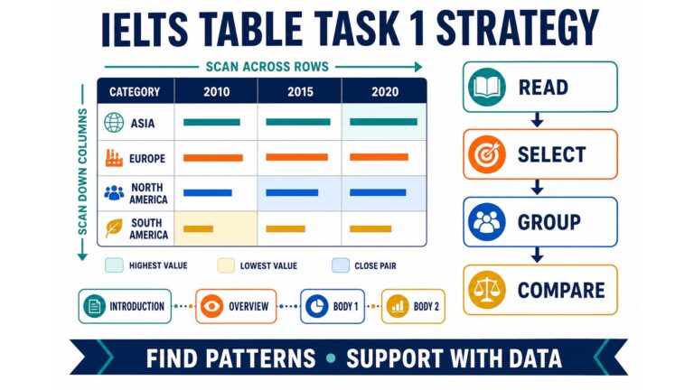 IELTS Table Task 1 read select group compare strategy diagram