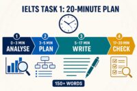 IELTS Academic Writing Task 1 twenty-minute plan showing analyse plan write and check stages