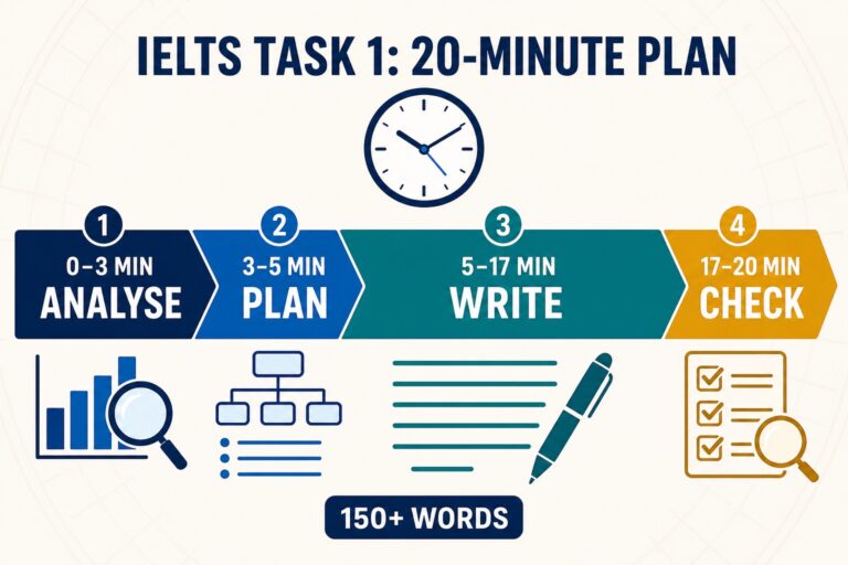 IELTS Academic Writing Task 1 twenty-minute plan showing analyse plan write and check stages
