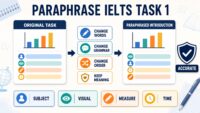 IELTS Task 1 paraphrasing diagram showing how to change words grammar and order while keeping meaning