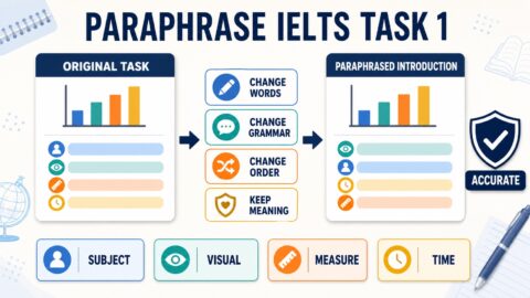IELTS Task 1 paraphrasing diagram showing how to change words grammar and order while keeping meaning