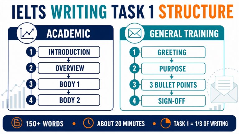 IELTS Writing Task 1 structure showing the Academic four-paragraph plan and General Training letter format