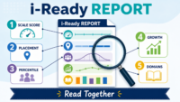 Annotated i-Ready report showing scale score, placement, percentile, growth, and domains