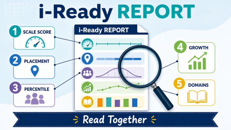 Annotated i-Ready report showing scale score, placement, percentile, growth, and domains