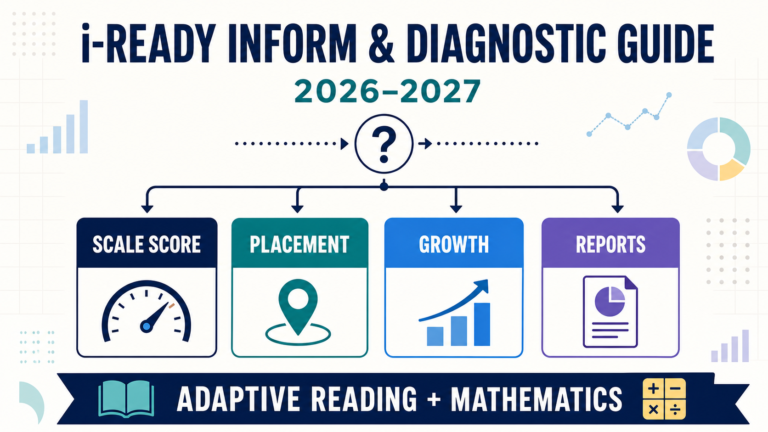 i-Ready Inform and Diagnostic Guide 2026–2027 diagram showing scale score, placement, growth and reports