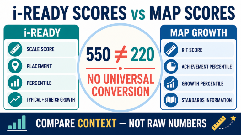 i-Ready scores vs MAP scores comparison showing 550 is not universally equal to 220 and listing each report’s score types