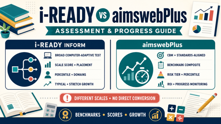 i-Ready Inform vs aimswebPlus comparison showing adaptive scores, CBM benchmarks, risk tiers, ROI and progress monitoring