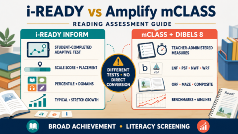 i-Ready Inform vs Amplify mCLASS DIBELS 8 comparison showing adaptive testing, literacy measures, scores, benchmarks and growth