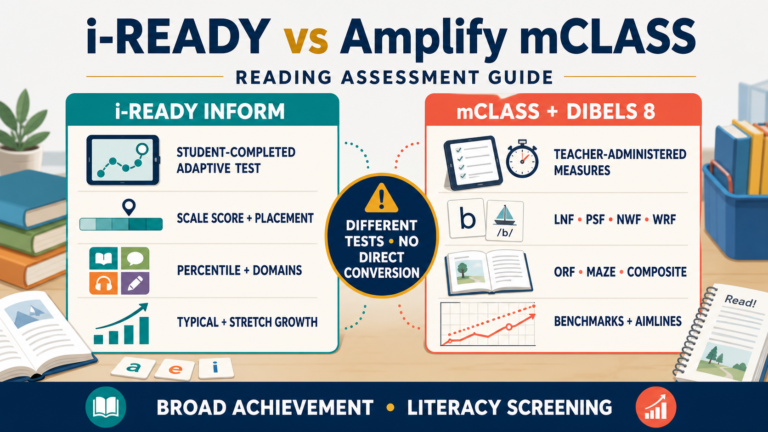 i-Ready Inform vs Amplify mCLASS DIBELS 8 comparison showing adaptive testing, literacy measures, scores, benchmarks and growth