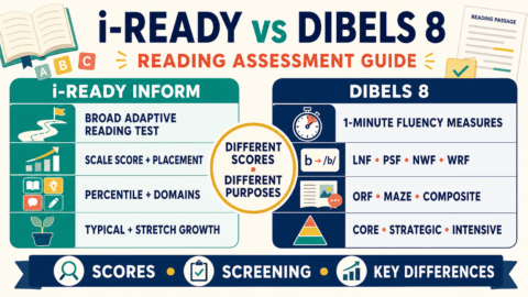i-Ready Inform vs DIBELS 8 comparison showing reading scores, fluency measures, placement, growth and support levels