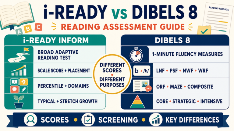 i-Ready Inform vs DIBELS 8 comparison showing reading scores, fluency measures, placement, growth and support levels