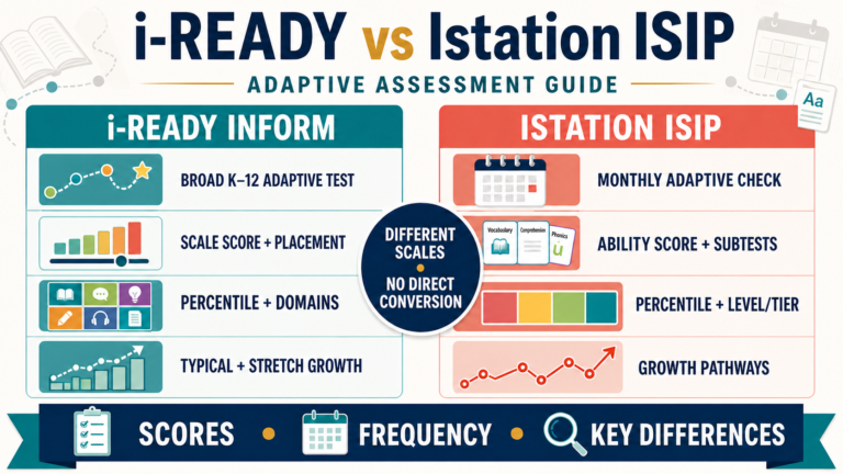 i-Ready Inform vs Istation ISIP comparison showing scale scores, ability scores, testing frequency, percentiles and growth