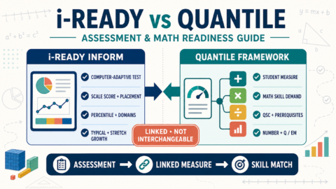i-Ready Inform vs Quantile comparison showing adaptive math scores, linked student measure, QSC readiness and skill matching