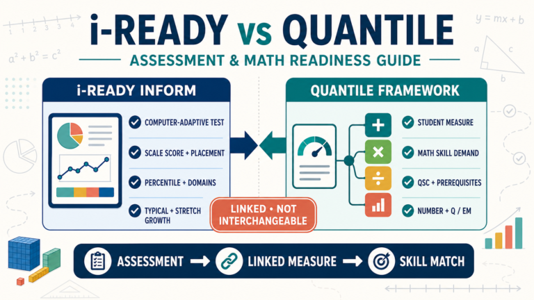 i-Ready Inform vs Quantile comparison showing adaptive math scores, linked student measure, QSC readiness and skill matching