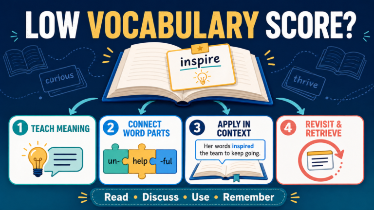 Four-step vocabulary practice plan: teach meaning, connect word parts, apply in context, revisit and retrieve