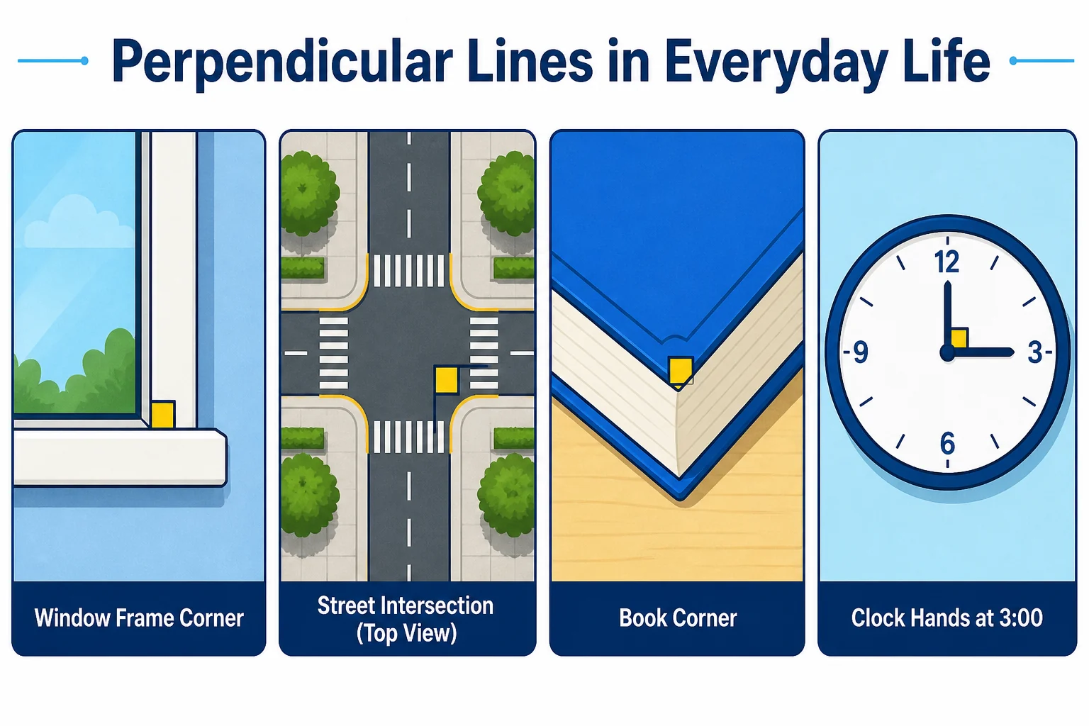 Window frame, street intersection, book corner and clock hands showing perpendicular lines