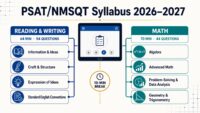 PSAT/NMSQT syllabus diagram showing Reading and Writing and Math domains, questions, timing, and the 10-minute break