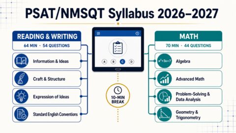 PSAT/NMSQT syllabus diagram showing Reading and Writing and Math domains, questions, timing, and the 10-minute break
