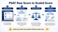 Digital PSAT raw score moving through adaptive modules and question difficulty to a 320–1520 scaled score
