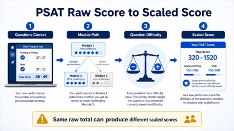 Digital PSAT raw score moving through adaptive modules and question difficulty to a 320–1520 scaled score