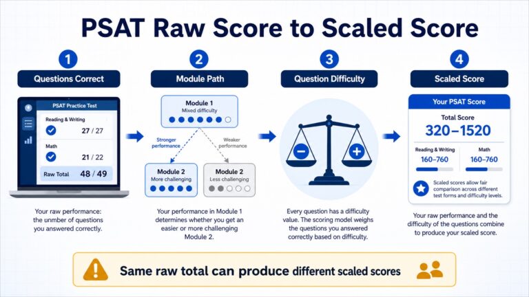 Digital PSAT raw score moving through adaptive modules and question difficulty to a 320–1520 scaled score