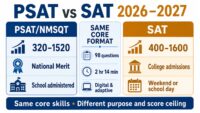 PSAT and SAT comparison showing score ranges, shared digital format, National Merit purpose, and college admissions use