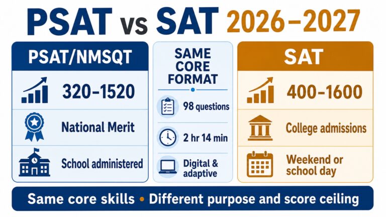 PSAT and SAT comparison showing score ranges, shared digital format, National Merit purpose, and college admissions use
