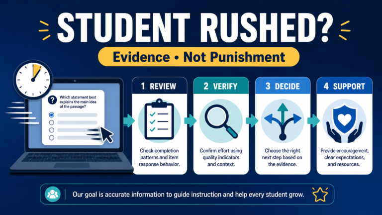 Student rushing through i-Ready followed by a review, validity decision, and support plan