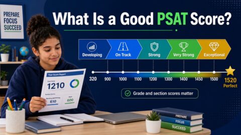 Student reviewing a PSAT score spectrum from 320 to the perfect 1520 score