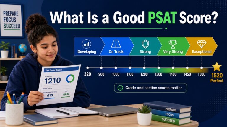 Student reviewing a PSAT score spectrum from 320 to the perfect 1520 score