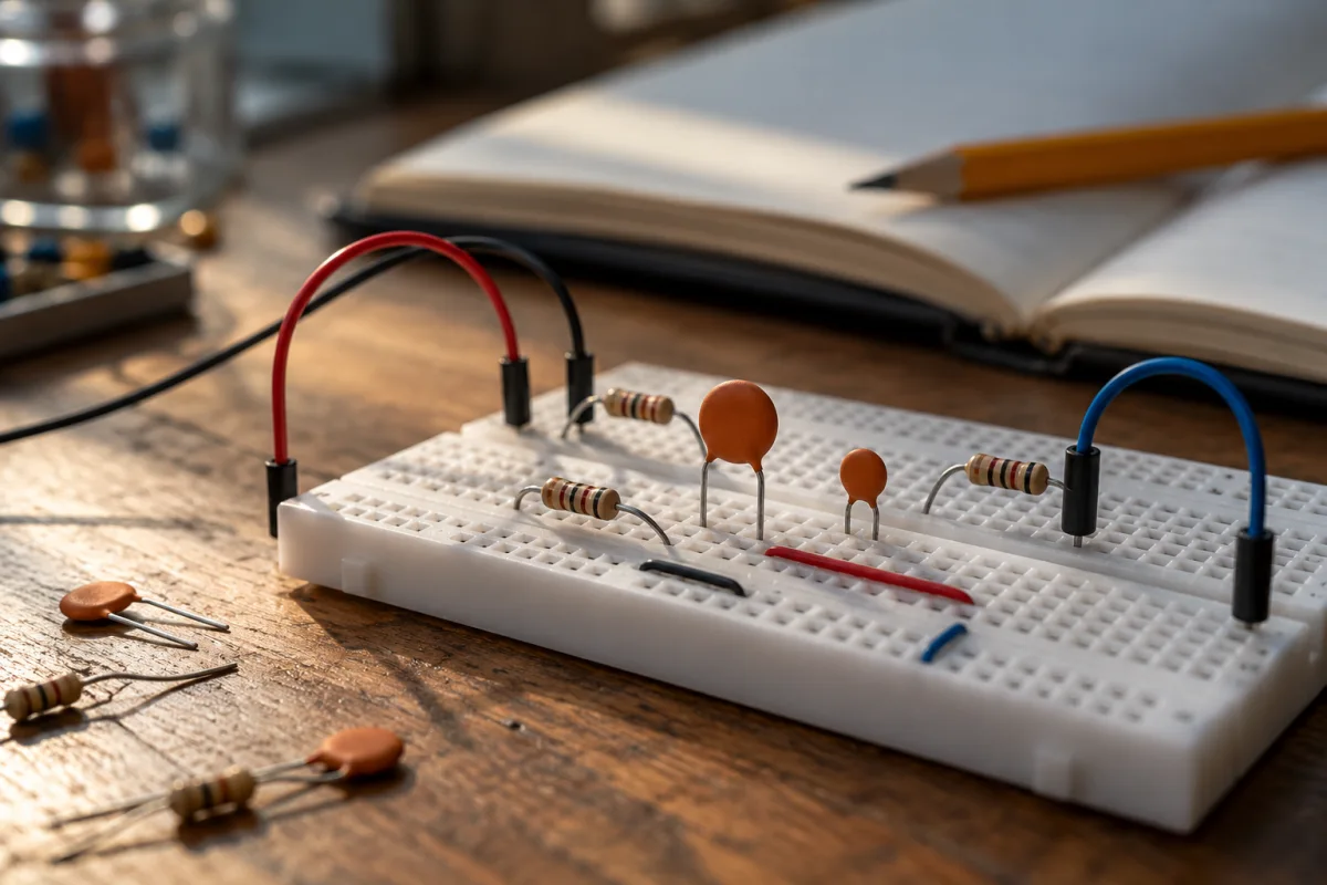 Ceramic capacitors and resistors on an unpowered classroom breadboard
