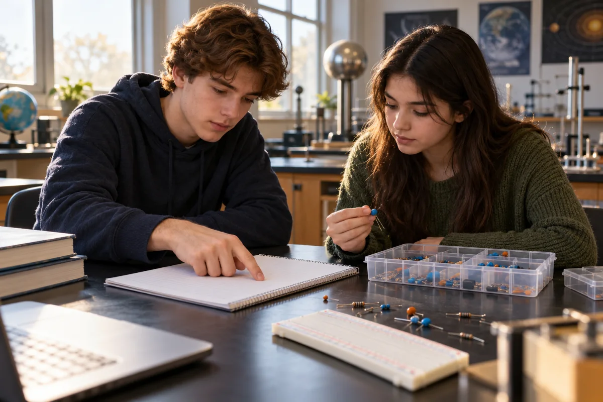 Two older secondary-school students studying charge units with disconnected electronic components