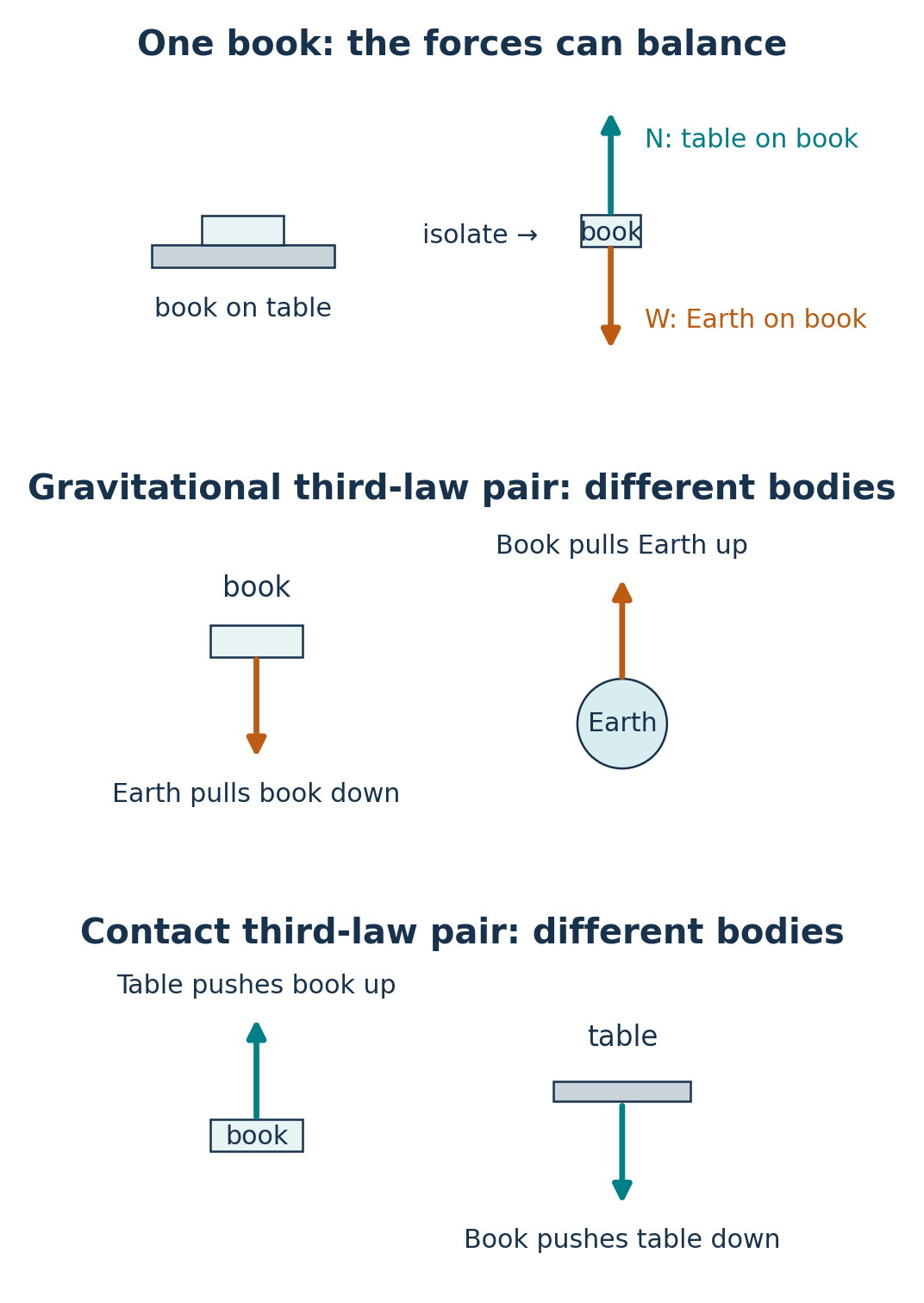 The book-only free-body diagram has an upward table force and downward Earth force. The gravitational third-law pair acts separately on the book and Earth; the contact third-law pair acts separately on the book and table. Equal arrow lengths within each pair indicate equal force magnitudes.