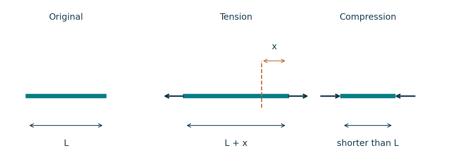 Tension increases wire length from L to L plus extension x. Compression shortens it.