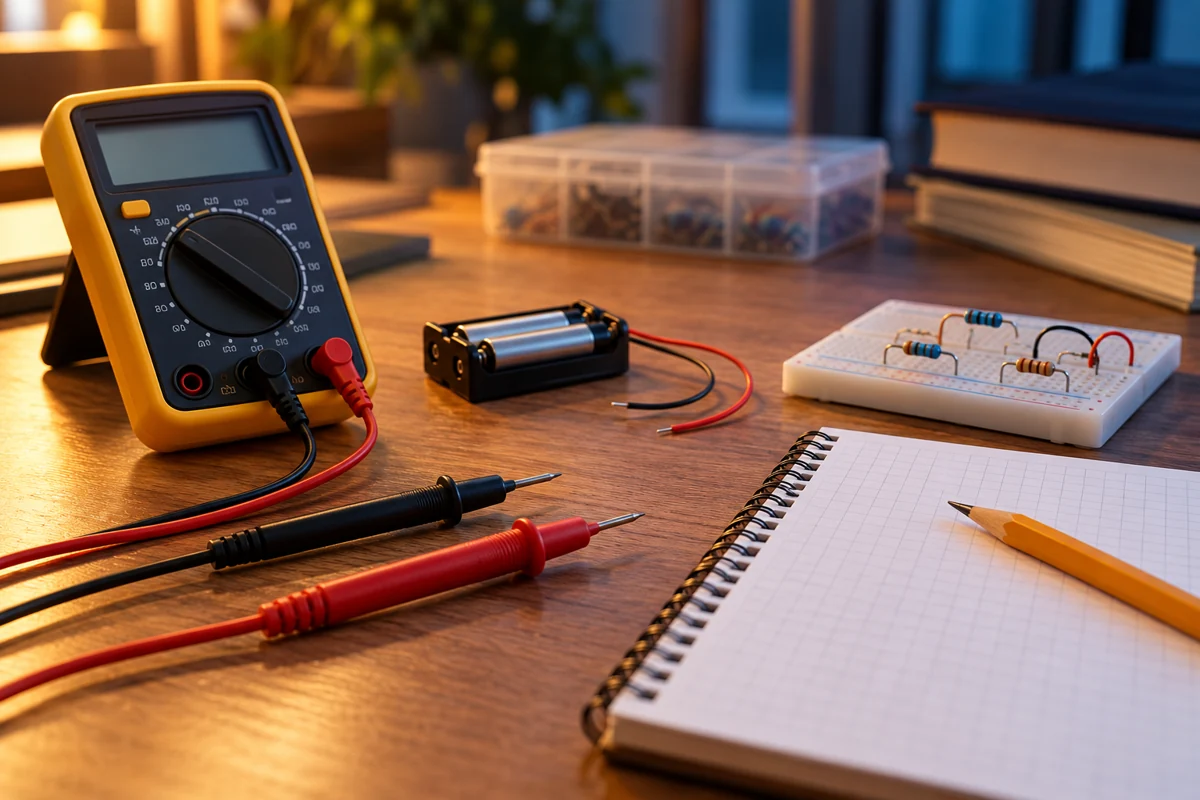 A digital multimeter, insulated probes and a small battery holder on an electronics study bench.